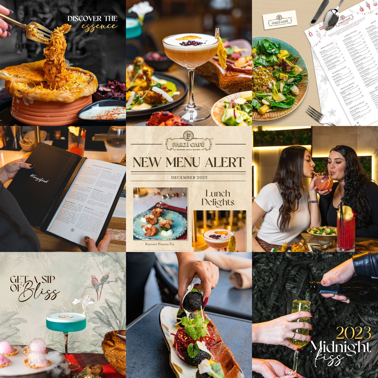 Farzi Cafe grid featuring the New Menu Alert newspaper concept